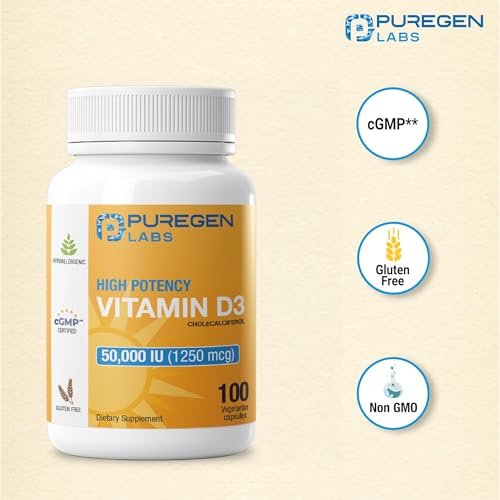 Puregen Labs Vitamin D3 50.000 IE (1250 mcg) – 100 Kapseln für 100 Wochen – Unterstützt gesunde Muskelfunktion und Immunsystem – Nicht-GVO, Glutenfrei