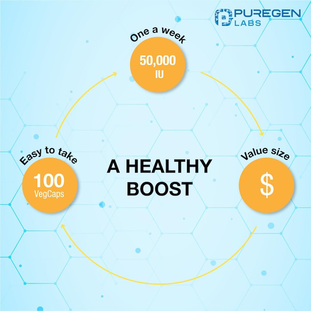 Puregen Labs Vitamin D3 50.000 IE (1250 mcg) – 100 Kapseln für 100 Wochen – Unterstützt gesunde Muskelfunktion und Immunsystem – Nicht-GVO, Glutenfrei