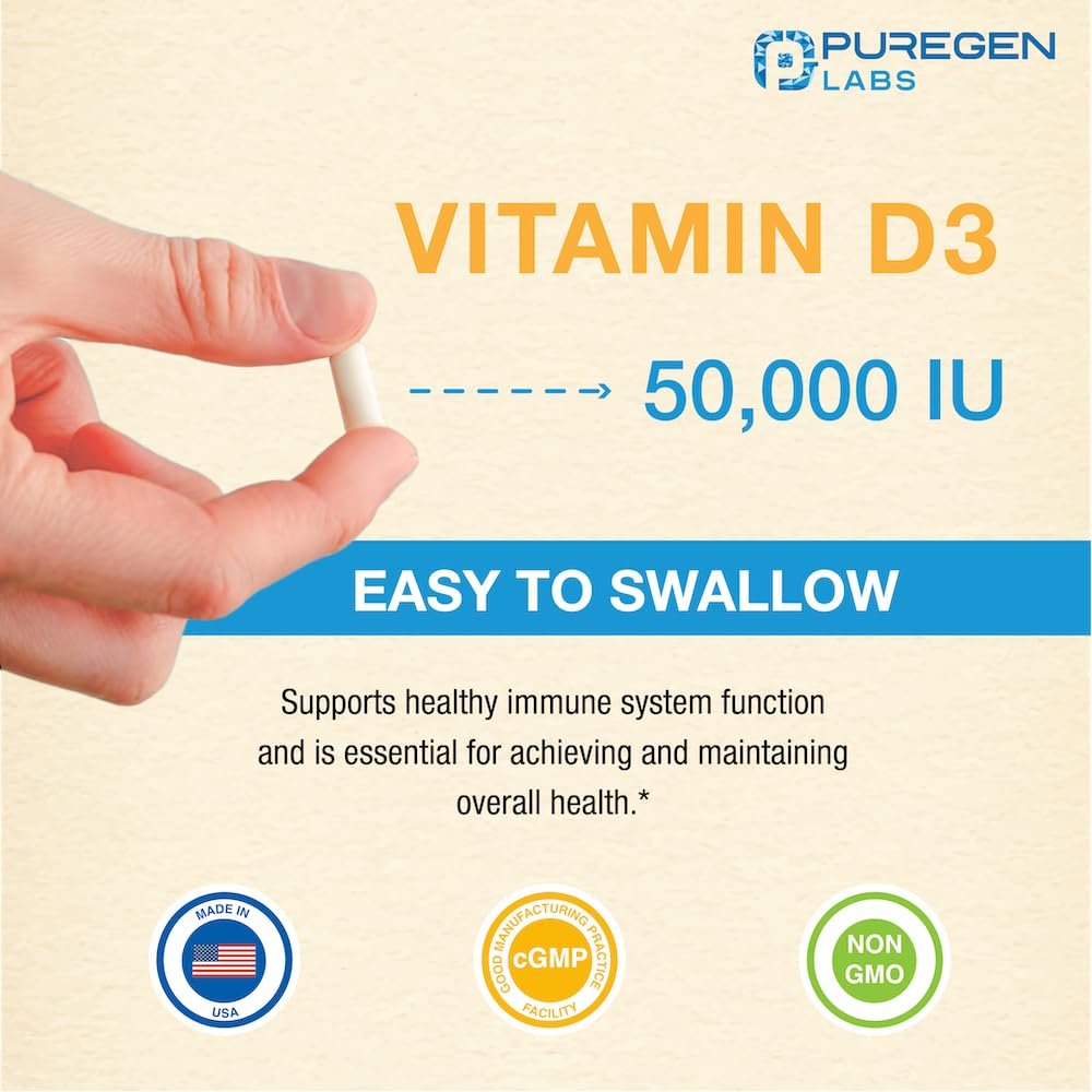 Puregen Labs Vitamin D3 50.000 IE (1250 mcg) – 100 Kapseln für 100 Wochen – Unterstützt gesunde Muskelfunktion und Immunsystem – Nicht-GVO, Glutenfrei