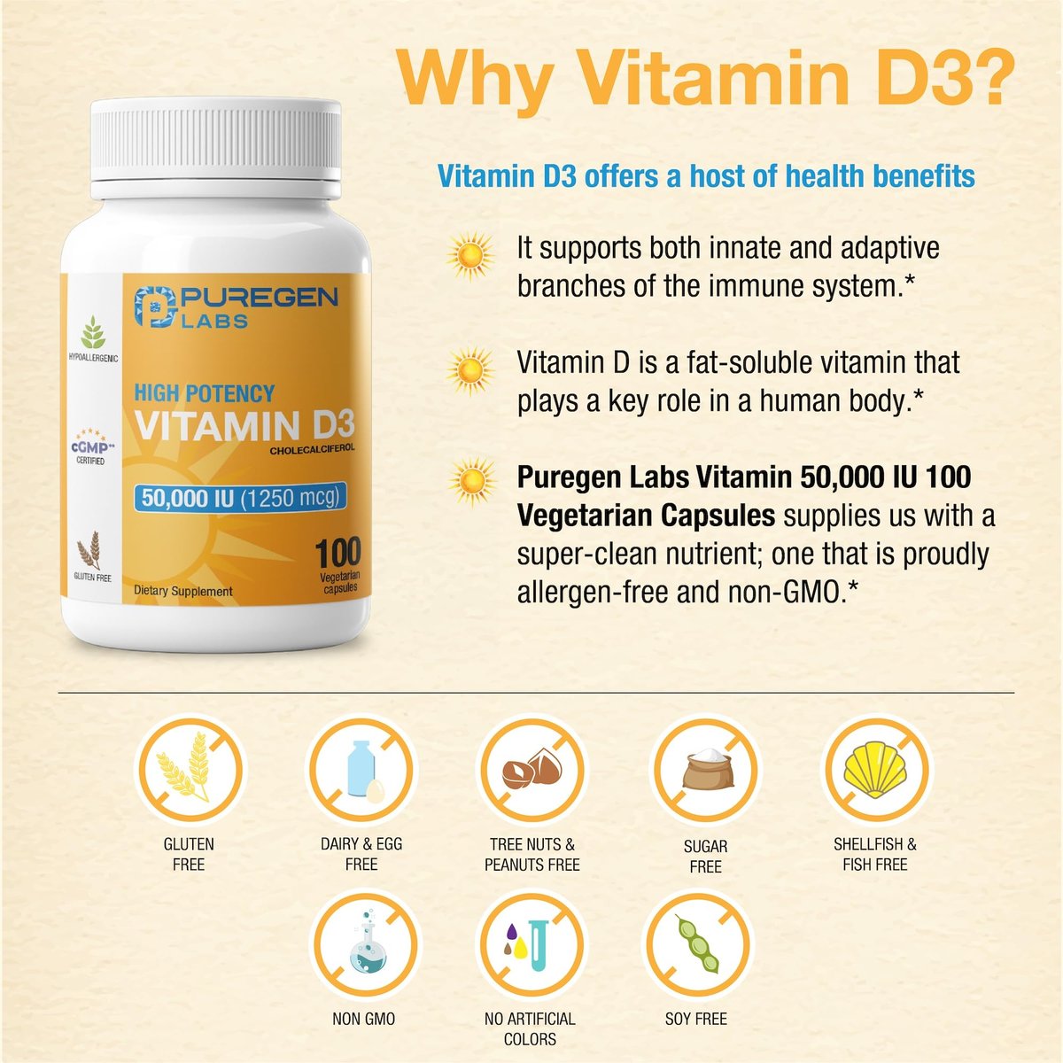 Puregen Labs Vitamin D3 50.000 IE (1250 mcg) – 100 Kapseln für 100 Wochen – Unterstützt gesunde Muskelfunktion und Immunsystem – Nicht-GVO, Glutenfrei
