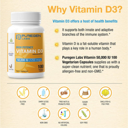 Puregen Labs Vitamin D3 50.000 IE (1250 mcg) – 100 Kapseln für 100 Wochen – Unterstützt gesunde Muskelfunktion und Immunsystem – Nicht-GVO, Glutenfrei