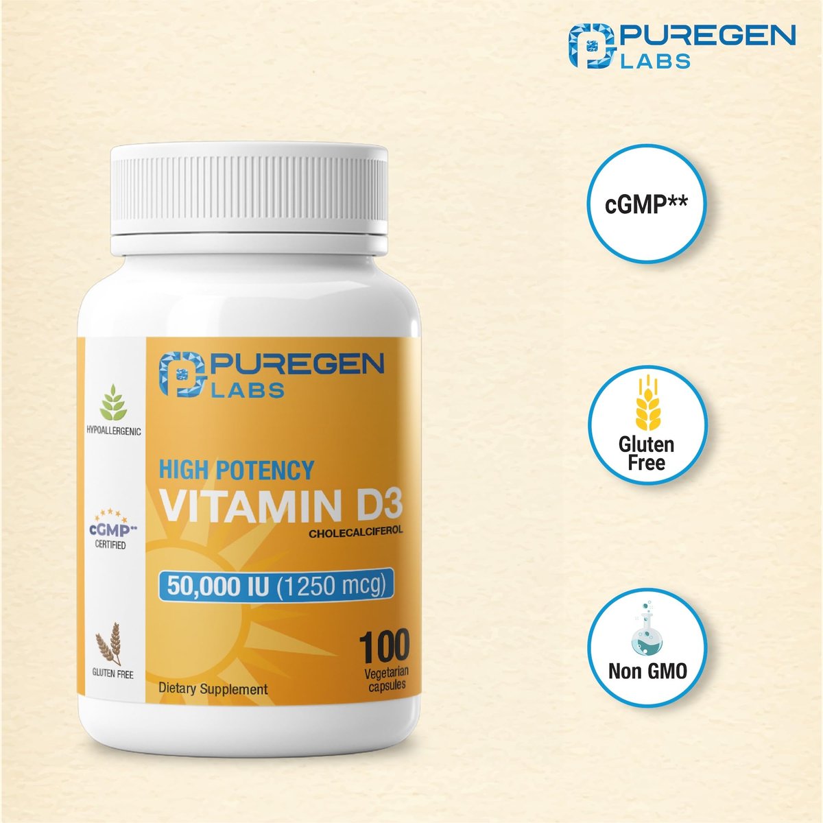 Puregen Labs Vitamin D3 50.000 IE (1250 mcg) – 100 Kapseln für 100 Wochen – Unterstützt gesunde Muskelfunktion und Immunsystem – Nicht-GVO, Glutenfrei