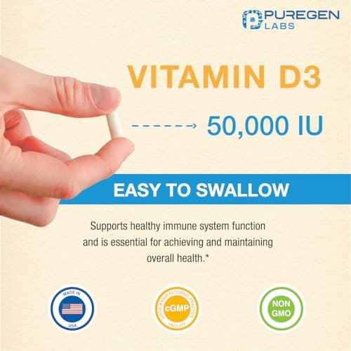 Puregen Labs Vitamin D3 50.000 IE (1250 mcg) – 100 Kapseln für 100 Wochen – Unterstützt gesunde Muskelfunktion und Immunsystem – Nicht-GVO, Glutenfrei