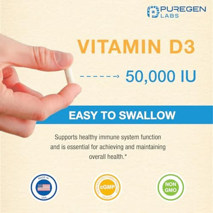 Puregen Labs Vitamin D3 50.000 IE (1250 mcg) – 100 Kapseln für 100 Wochen – Unterstützt gesunde Muskelfunktion und Immunsystem – Nicht-GVO, Glutenfrei