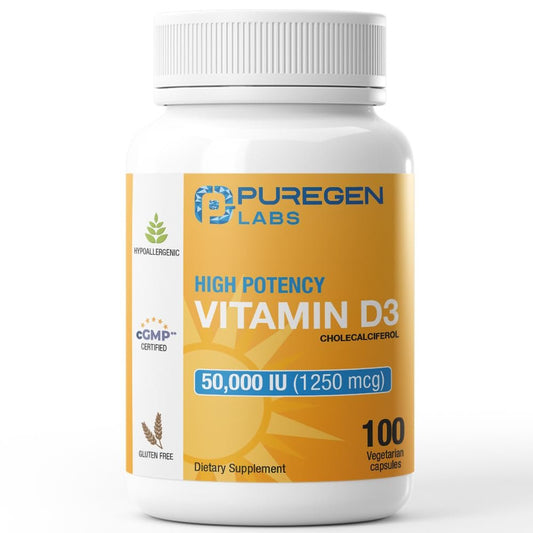Puregen Labs Vitamin D3 50.000 IE (1250 mcg) – 100 Kapseln für 100 Wochen – Unterstützt gesunde Muskelfunktion und Immunsystem – Nicht-GVO, Glutenfrei