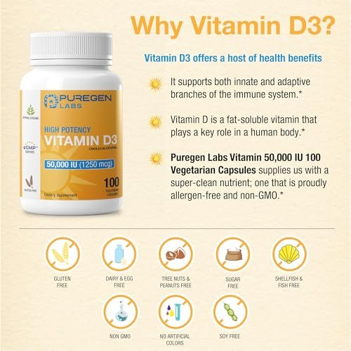 Puregen Labs Vitamin D3 50.000 IE (1250 mcg) – 100 Kapseln für 100 Wochen – Unterstützt gesunde Muskelfunktion und Immunsystem – Nicht-GVO, Glutenfrei