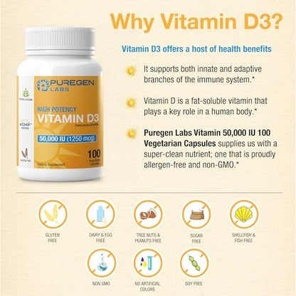 Puregen Labs Vitamin D3 50.000 IE (1250 mcg) – 100 Kapseln für 100 Wochen – Unterstützt gesunde Muskelfunktion und Immunsystem – Nicht-GVO, Glutenfrei