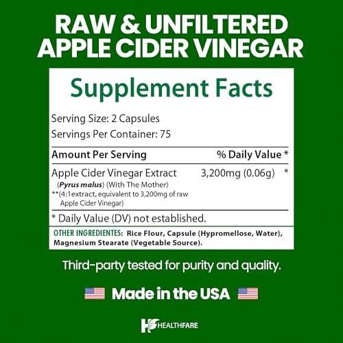 HealthFare Apfelessig Kapseln mit der Mutter | 3200mg Roh, Bio & Ungefiltert | 150 Vegane Kapseln | Hochdosiertes Nahrungsergänzungsmittel für Entgiftung & Verdauung | Non-GMO, Glutenfrei, Hergestellt in USA
