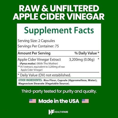 HealthFare Apfelessig Kapseln mit der Mutter | 3200mg Roh, Bio & Ungefiltert | 150 Vegane Kapseln | Hochdosiertes Nahrungsergänzungsmittel für Entgiftung & Verdauung | Non-GMO, Glutenfrei, Hergestellt in USA