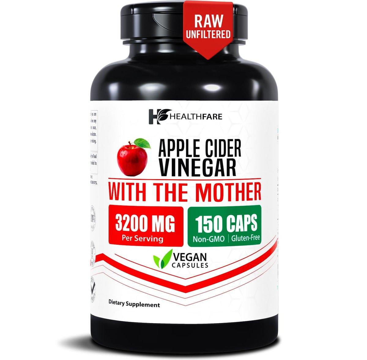 HealthFare Apfelessig Kapseln mit der Mutter | 3200mg Roh, Bio & Ungefiltert | 150 Vegane Kapseln | Hochdosiertes Nahrungsergänzungsmittel für Entgiftung & Verdauung | Non-GMO, Glutenfrei, Hergestellt in USA