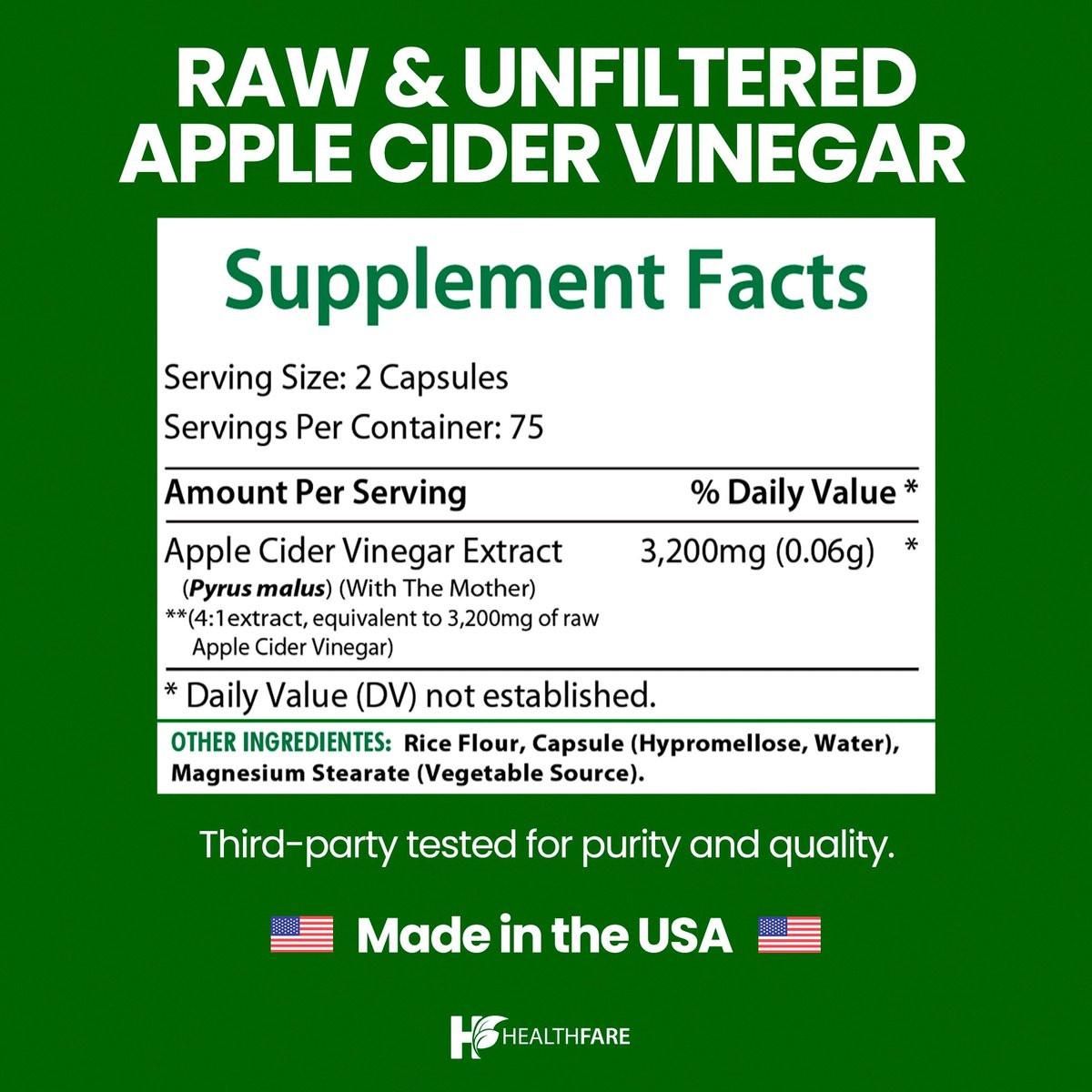 HealthFare Apfelessig Kapseln mit der Mutter | 3200mg Roh, Bio & Ungefiltert | 150 Vegane Kapseln | Hochdosiertes Nahrungsergänzungsmittel für Entgiftung & Verdauung | Non-GMO, Glutenfrei, Hergestellt in USA