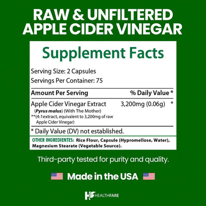 HealthFare Apfelessig Kapseln mit der Mutter | 3200mg Roh, Bio & Ungefiltert | 150 Vegane Kapseln | Hochdosiertes Nahrungsergänzungsmittel für Entgiftung & Verdauung | Non-GMO, Glutenfrei, Hergestellt in USA