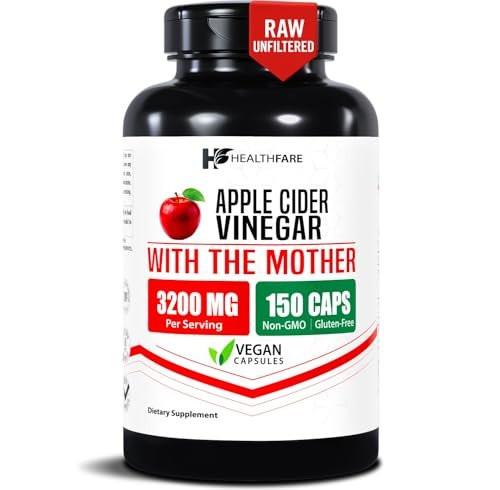 HealthFare Apfelessig Kapseln mit der Mutter | 3200mg Roh, Bio & Ungefiltert | 150 Vegane Kapseln | Hochdosiertes Nahrungsergänzungsmittel für Entgiftung & Verdauung | Non-GMO, Glutenfrei, Hergestellt in USA