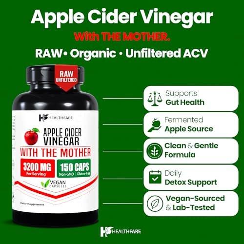 HealthFare Apfelessig Kapseln mit der Mutter | 3200mg Roh, Bio & Ungefiltert | 150 Vegane Kapseln | Hochdosiertes Nahrungsergänzungsmittel für Entgiftung & Verdauung | Non-GMO, Glutenfrei, Hergestellt in USA