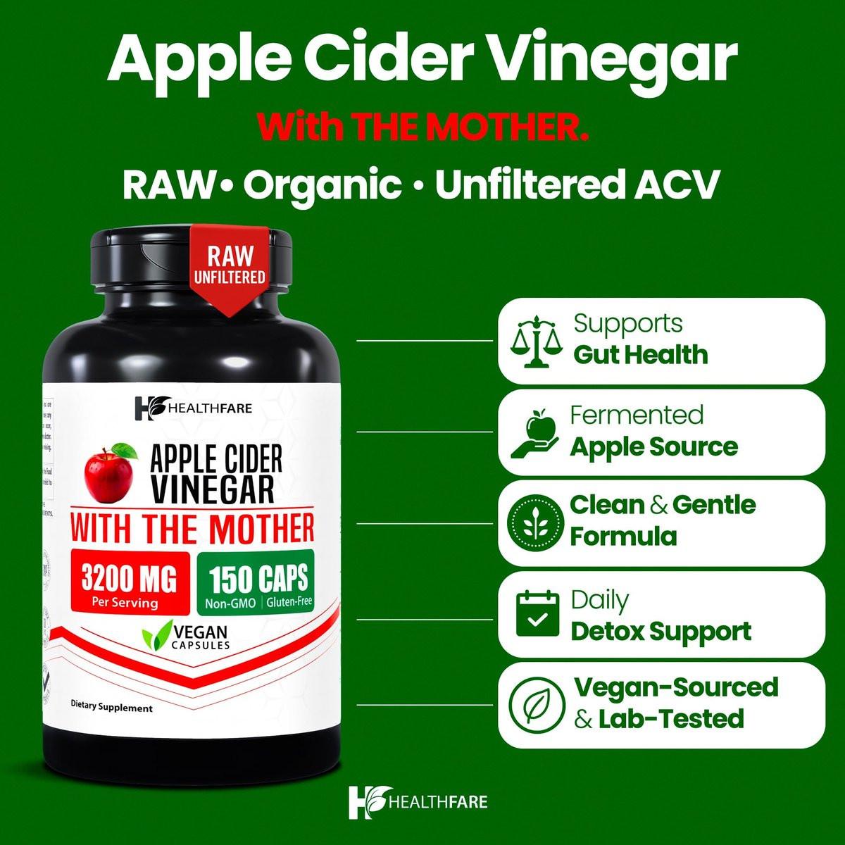 HealthFare Apfelessig Kapseln mit der Mutter | 3200mg Roh, Bio & Ungefiltert | 150 Vegane Kapseln | Hochdosiertes Nahrungsergänzungsmittel für Entgiftung & Verdauung | Non-GMO, Glutenfrei, Hergestellt in USA