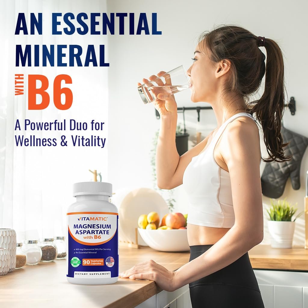 Vitamatic Magnesiumaspartat 400mg pro Portion – 90 vegane Kapseln mit Vitamin B6 für maximale Absorption – Unterstützt Muskel-, Gelenk- und Herzgesundheit