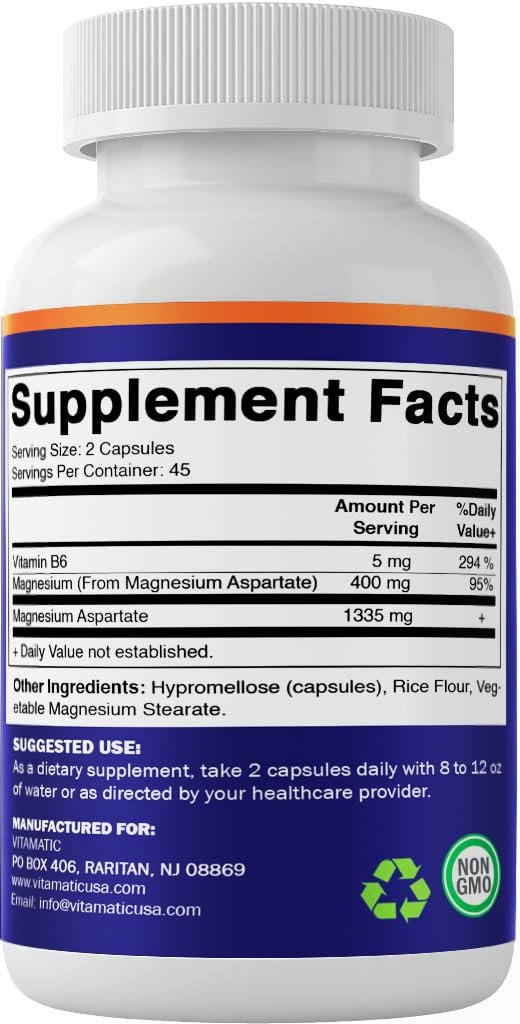 Vitamatic Magnesiumaspartat 400mg pro Portion – 90 vegane Kapseln mit Vitamin B6 für maximale Absorption – Unterstützt Muskel-, Gelenk- und Herzgesundheit
