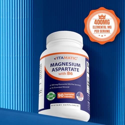 Vitamatic Magnesiumaspartat 400mg pro Portion – 90 vegane Kapseln mit Vitamin B6 für maximale Absorption – Unterstützt Muskel-, Gelenk- und Herzgesundheit