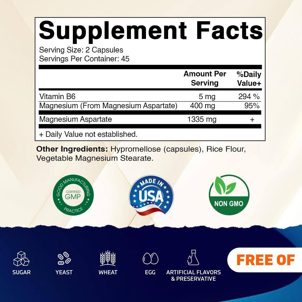 Vitamatic Magnesiumaspartat 400mg pro Portion – 90 vegane Kapseln mit Vitamin B6 für maximale Absorption – Unterstützt Muskel-, Gelenk- und Herzgesundheit