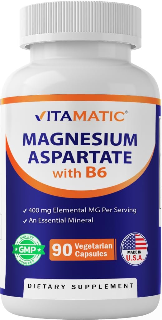 Vitamatic Magnesiumaspartat 400mg pro Portion – 90 vegane Kapseln mit Vitamin B6 für maximale Absorption – Unterstützt Muskel-, Gelenk- und Herzgesundheit