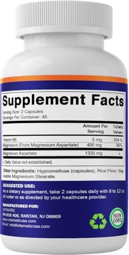 Vitamatic Magnesiumaspartat 400mg pro Portion – 90 vegane Kapseln mit Vitamin B6 für maximale Absorption – Unterstützt Muskel-, Gelenk- und Herzgesundheit