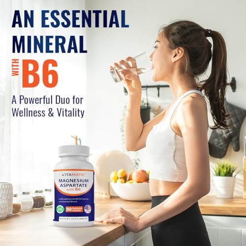 Vitamatic Magnesiumaspartat 400mg pro Portion – 90 vegane Kapseln mit Vitamin B6 für maximale Absorption – Unterstützt Muskel-, Gelenk- und Herzgesundheit