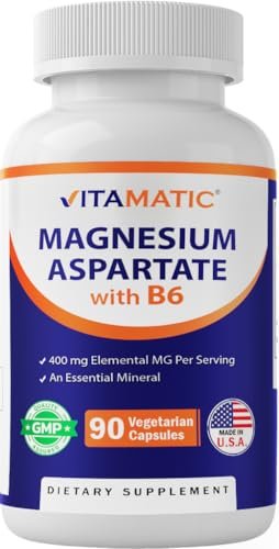 Vitamatic Magnesiumaspartat 400mg pro Portion – 90 vegane Kapseln mit Vitamin B6 für maximale Absorption – Unterstützt Muskel-, Gelenk- und Herzgesundheit