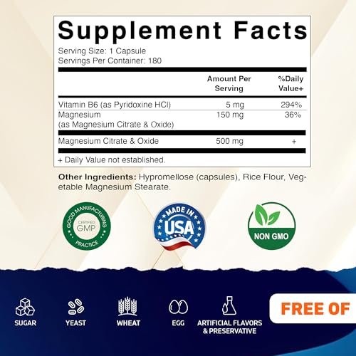 Vitamatic Magnesium Citrat 500 mg pro Portion - 180 Kapseln (150 mg elementares Magnesium) mit Vitamin B6 für optimale Aufnahme - Unterstützt Muskel-, Gelenk- und Herzgesundheit*
