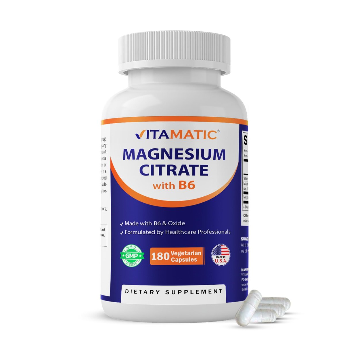 Vitamatic Magnesium Citrat 500 mg pro Portion - 180 Kapseln (150 mg elementares Magnesium) mit Vitamin B6 für optimale Aufnahme - Unterstützt Muskel-, Gelenk- und Herzgesundheit*