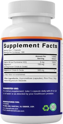 Vitamatic Magnesium Citrat 500 mg pro Portion - 180 Kapseln (150 mg elementares Magnesium) mit Vitamin B6 für optimale Aufnahme - Unterstützt Muskel-, Gelenk- und Herzgesundheit*