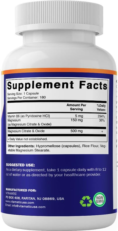 Vitamatic Magnesium Citrat 500 mg pro Portion - 180 Kapseln (150 mg elementares Magnesium) mit Vitamin B6 für optimale Aufnahme - Unterstützt Muskel-, Gelenk- und Herzgesundheit*