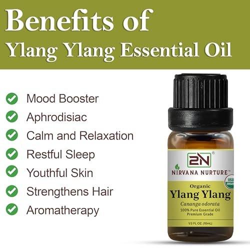 Nirvana Nurture Ylang Ylang Bio-Öl, USDA Bio-zertifiziert, 100% rein und unverdünnt, Aromatherapie-Öl für Diffuser, Haar- und Hautpflege