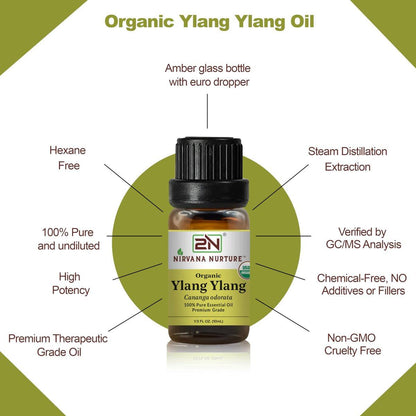 Nirvana Nurture Ylang Ylang Bio-Öl, USDA Bio-zertifiziert, 100% rein und unverdünnt, Aromatherapie-Öl für Diffuser, Haar- und Hautpflege