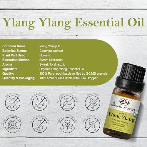 Nirvana Nurture Ylang Ylang Bio-Öl, USDA Bio-zertifiziert, 100% rein und unverdünnt, Aromatherapie-Öl für Diffuser, Haar- und Hautpflege