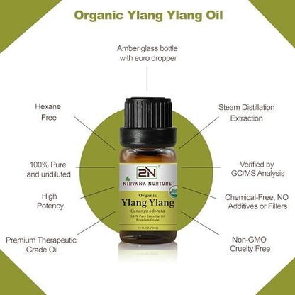 Nirvana Nurture Ylang Ylang Bio-Öl, USDA Bio-zertifiziert, 100% rein und unverdünnt, Aromatherapie-Öl für Diffuser, Haar- und Hautpflege