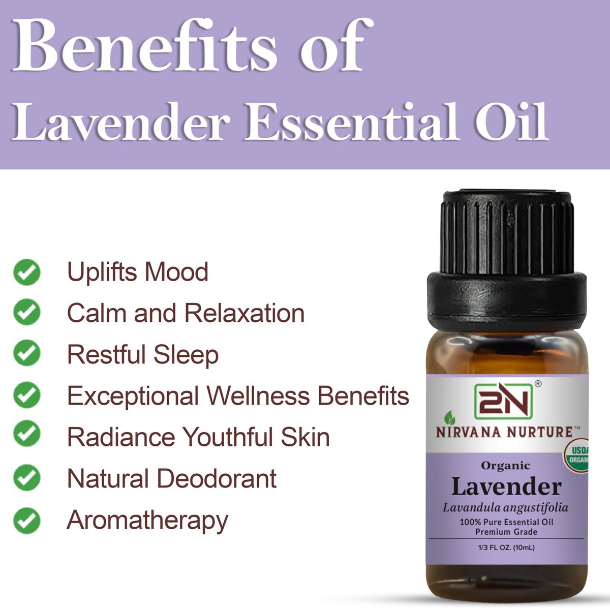 Nirvana Nurture Lavendel Ätherisches Öl, USDA Bio, 100% Rein Unverdünnt, Aromatherapieöl für Diffuser, Haar- und Hautpflege