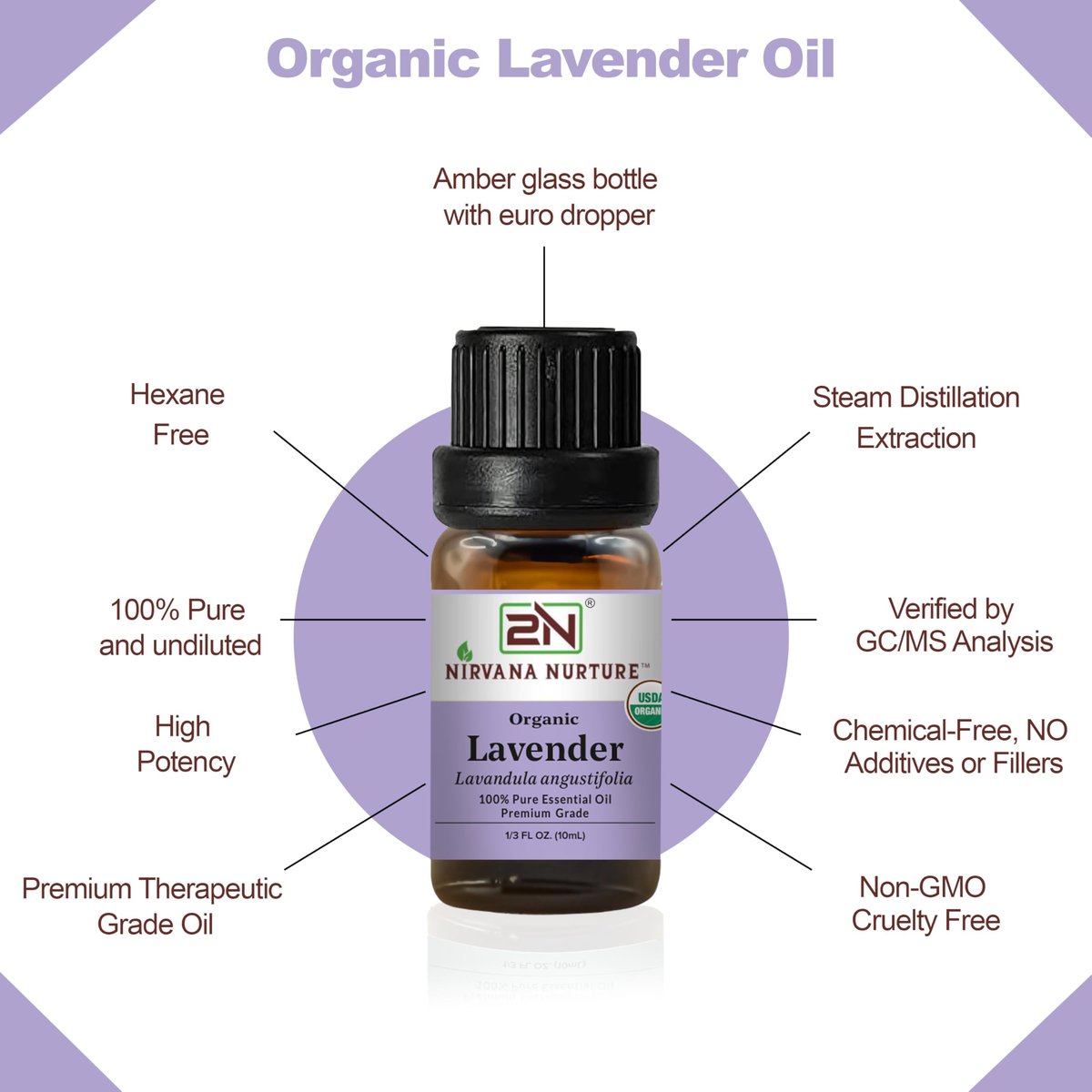 Nirvana Nurture Lavendel Ätherisches Öl, USDA Bio, 100% Rein Unverdünnt, Aromatherapieöl für Diffuser, Haar- und Hautpflege