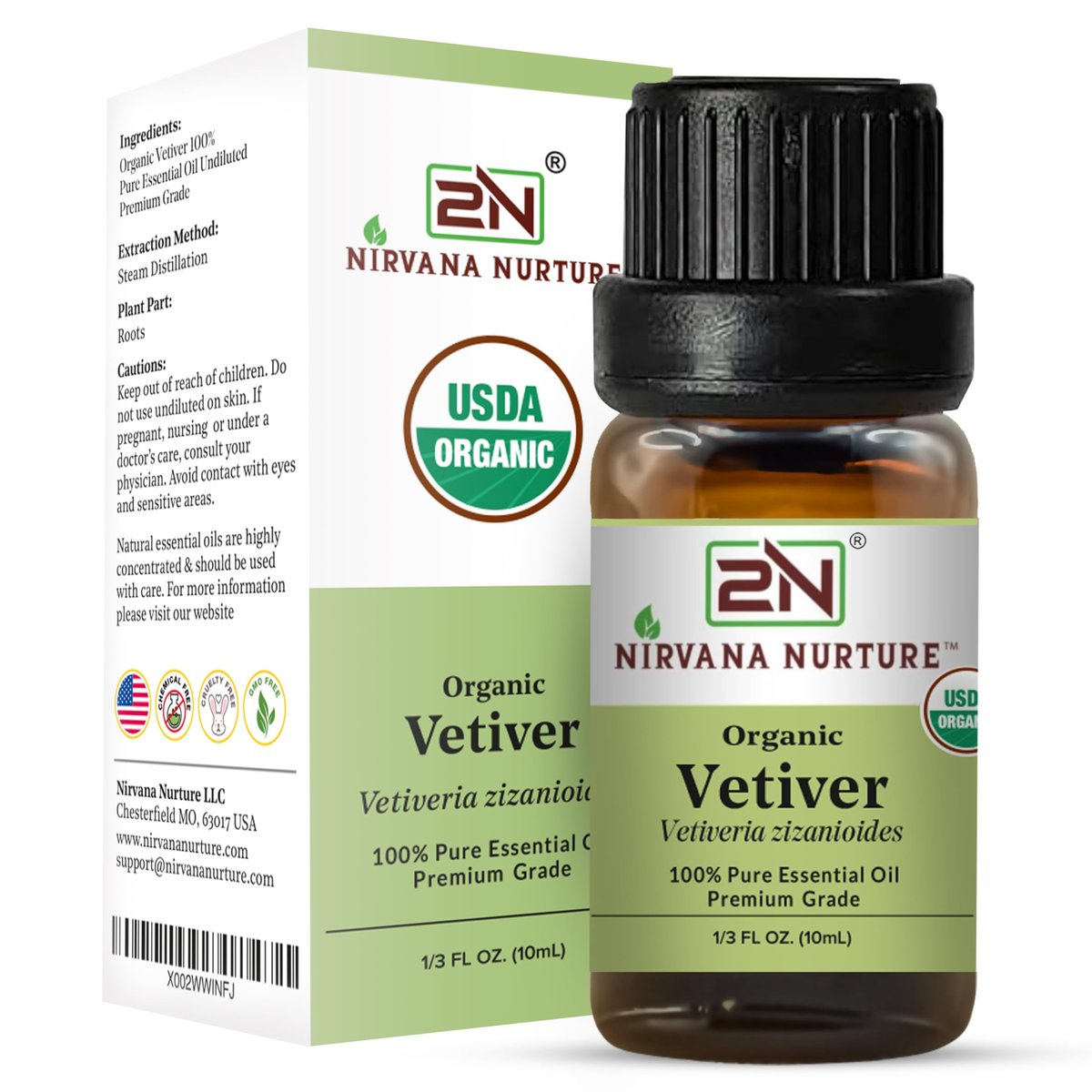 Nirvana Nurture Vetiver Bio ätherisches Öl, USDA-zertifiziert, 100% rein und unverdünnt, Aromatherapieöl für Diffuser, Haar- und Hautpflege