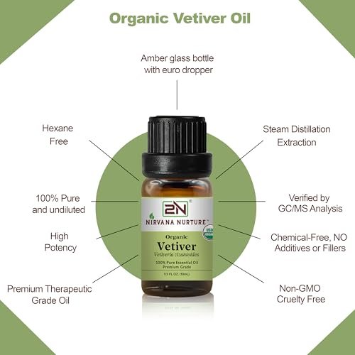 Nirvana Nurture Vetiver Bio ätherisches Öl, USDA-zertifiziert, 100% rein und unverdünnt, Aromatherapieöl für Diffuser, Haar- und Hautpflege
