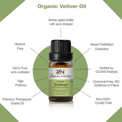 Nirvana Nurture Vetiver Bio ätherisches Öl, USDA-zertifiziert, 100% rein und unverdünnt, Aromatherapieöl für Diffuser, Haar- und Hautpflege