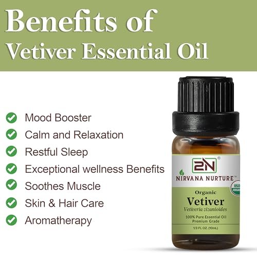Nirvana Nurture Vetiver Bio ätherisches Öl, USDA-zertifiziert, 100% rein und unverdünnt, Aromatherapieöl für Diffuser, Haar- und Hautpflege