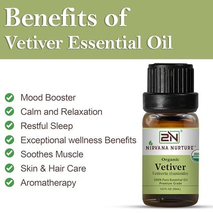 Nirvana Nurture Vetiver Bio ätherisches Öl, USDA-zertifiziert, 100% rein und unverdünnt, Aromatherapieöl für Diffuser, Haar- und Hautpflege
