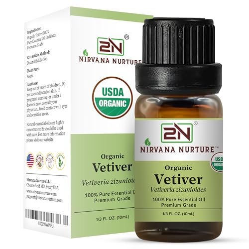 Nirvana Nurture Vetiver Bio ätherisches Öl, USDA-zertifiziert, 100% rein und unverdünnt, Aromatherapieöl für Diffuser, Haar- und Hautpflege