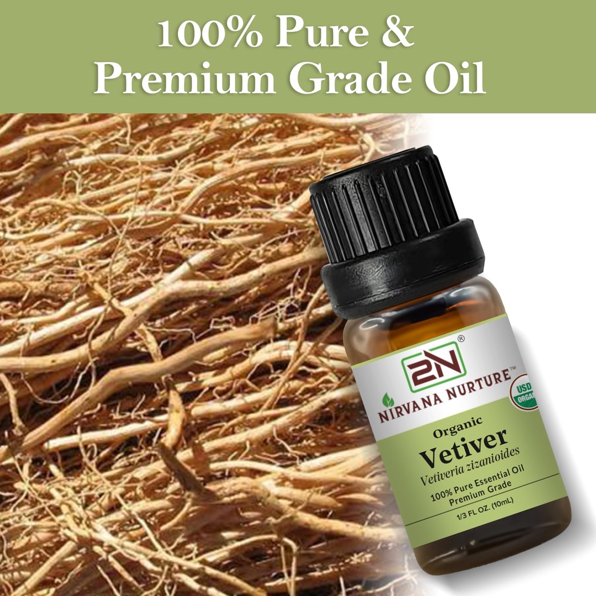 Nirvana Nurture Vetiver Bio ätherisches Öl, USDA-zertifiziert, 100% rein und unverdünnt, Aromatherapieöl für Diffuser, Haar- und Hautpflege