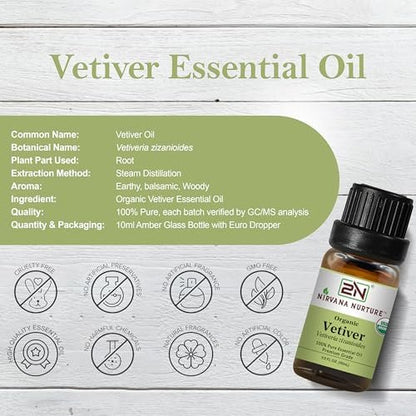 Nirvana Nurture Vetiver Bio ätherisches Öl, USDA-zertifiziert, 100% rein und unverdünnt, Aromatherapieöl für Diffuser, Haar- und Hautpflege