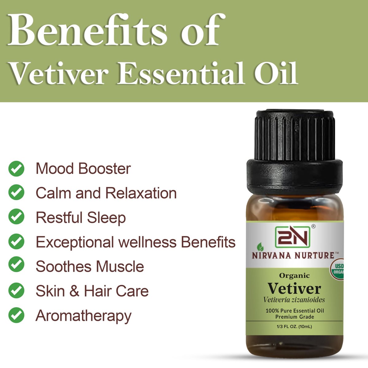 Nirvana Nurture Vetiver Bio ätherisches Öl, USDA-zertifiziert, 100% rein und unverdünnt, Aromatherapieöl für Diffuser, Haar- und Hautpflege