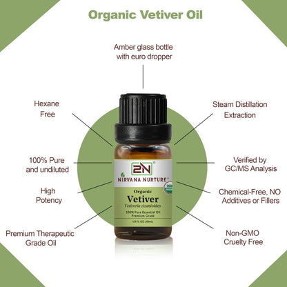 Nirvana Nurture Vetiver Bio ätherisches Öl, USDA-zertifiziert, 100% rein und unverdünnt, Aromatherapieöl für Diffuser, Haar- und Hautpflege