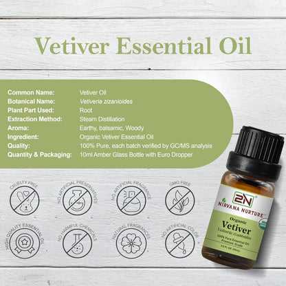 Nirvana Nurture Vetiver Bio ätherisches Öl, USDA-zertifiziert, 100% rein und unverdünnt, Aromatherapieöl für Diffuser, Haar- und Hautpflege