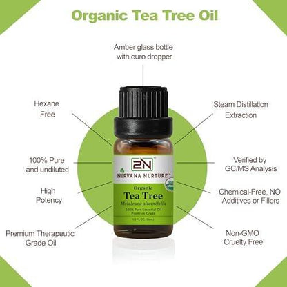 Nirvana Nurture Bio Teebaumöl, USDA zertifiziert, 100% rein und unverdünnt, Aromatherapieöl für Diffuser, Haar- und Hautpflege