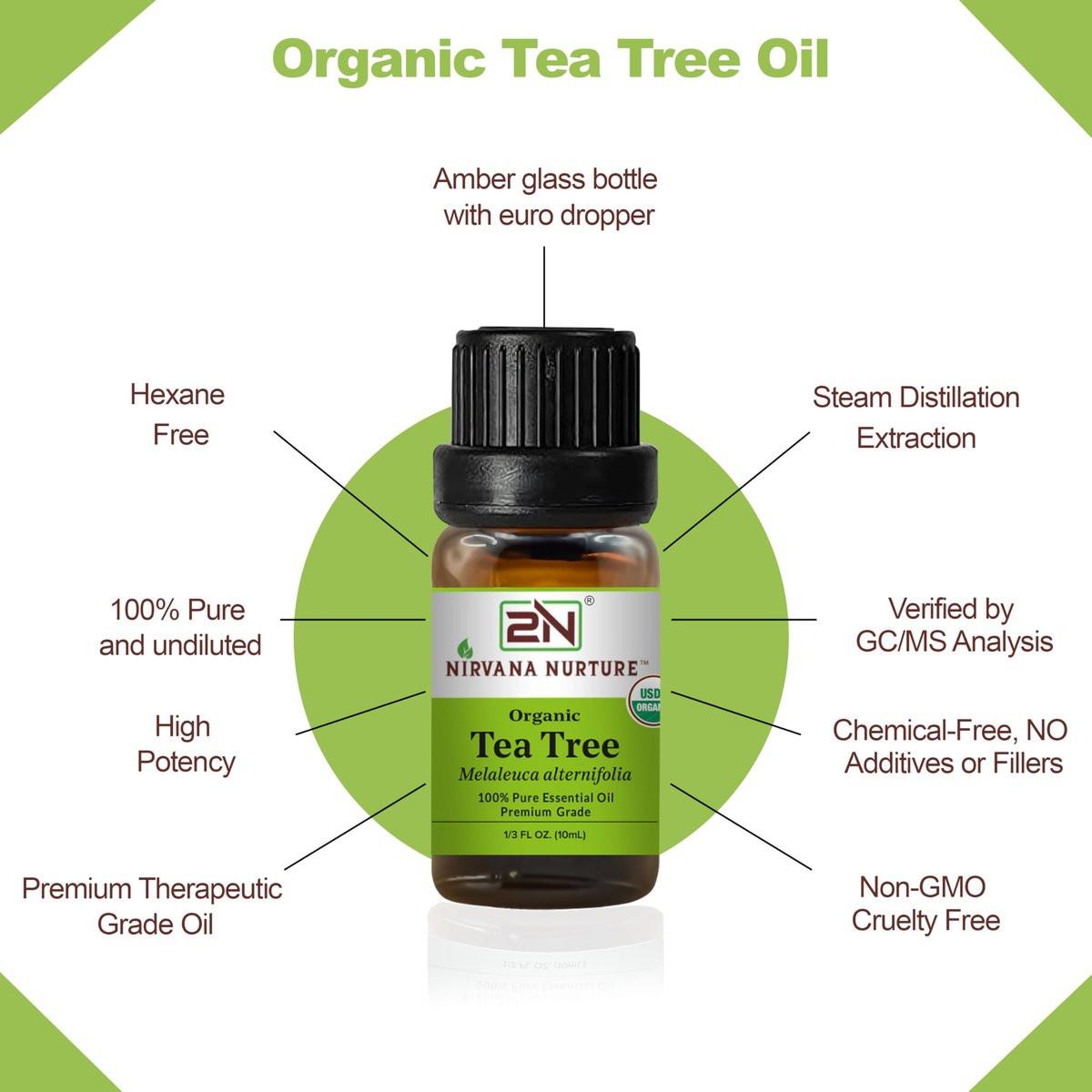 Nirvana Nurture Bio Teebaumöl, USDA zertifiziert, 100% rein und unverdünnt, Aromatherapieöl für Diffuser, Haar- und Hautpflege